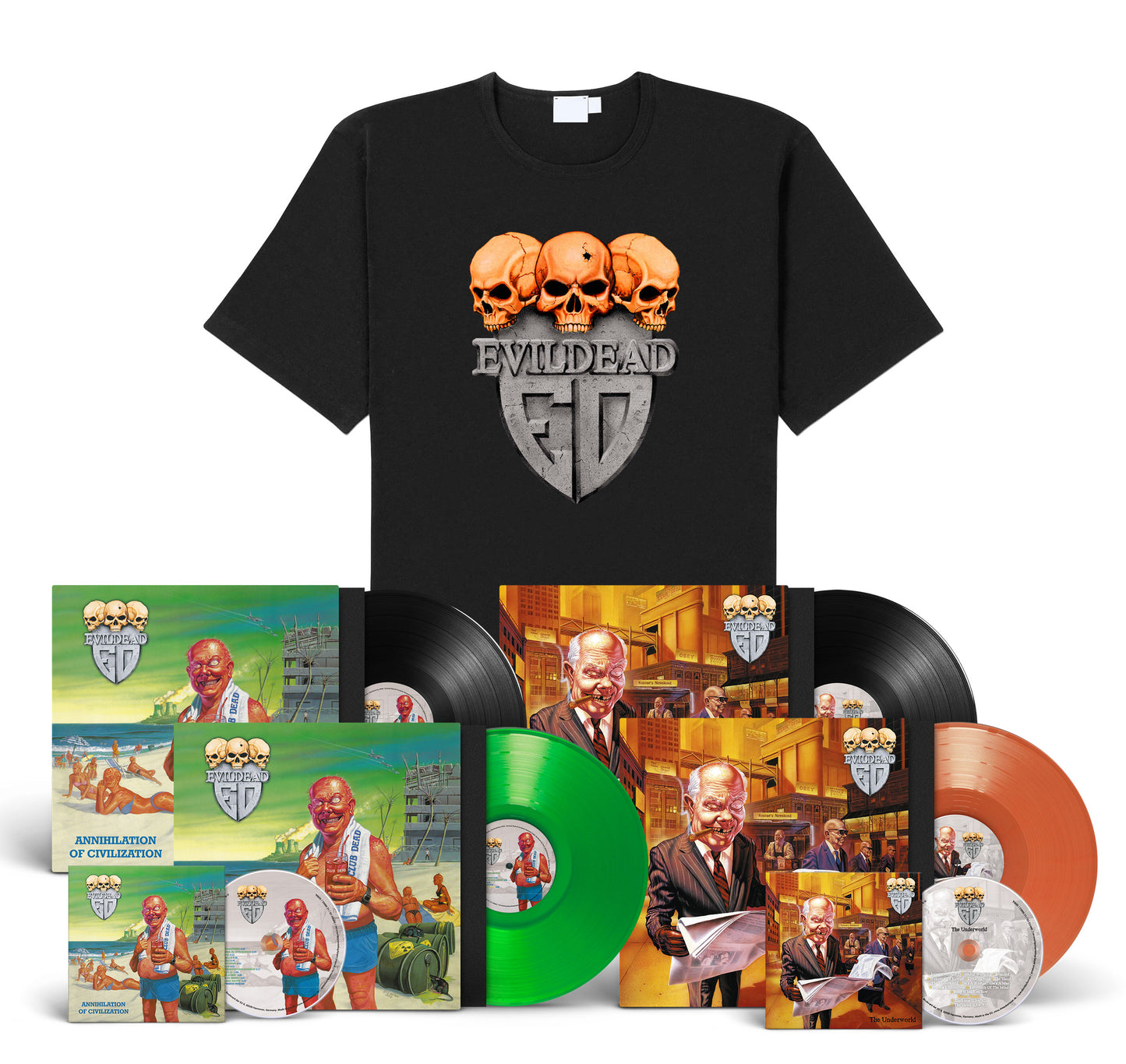 Evildead "Annihilation Of Civilization" & "The Underworld" exclusive LP-LP-CD-LP-LP-CD-Shirt-Bundle "Skulls"