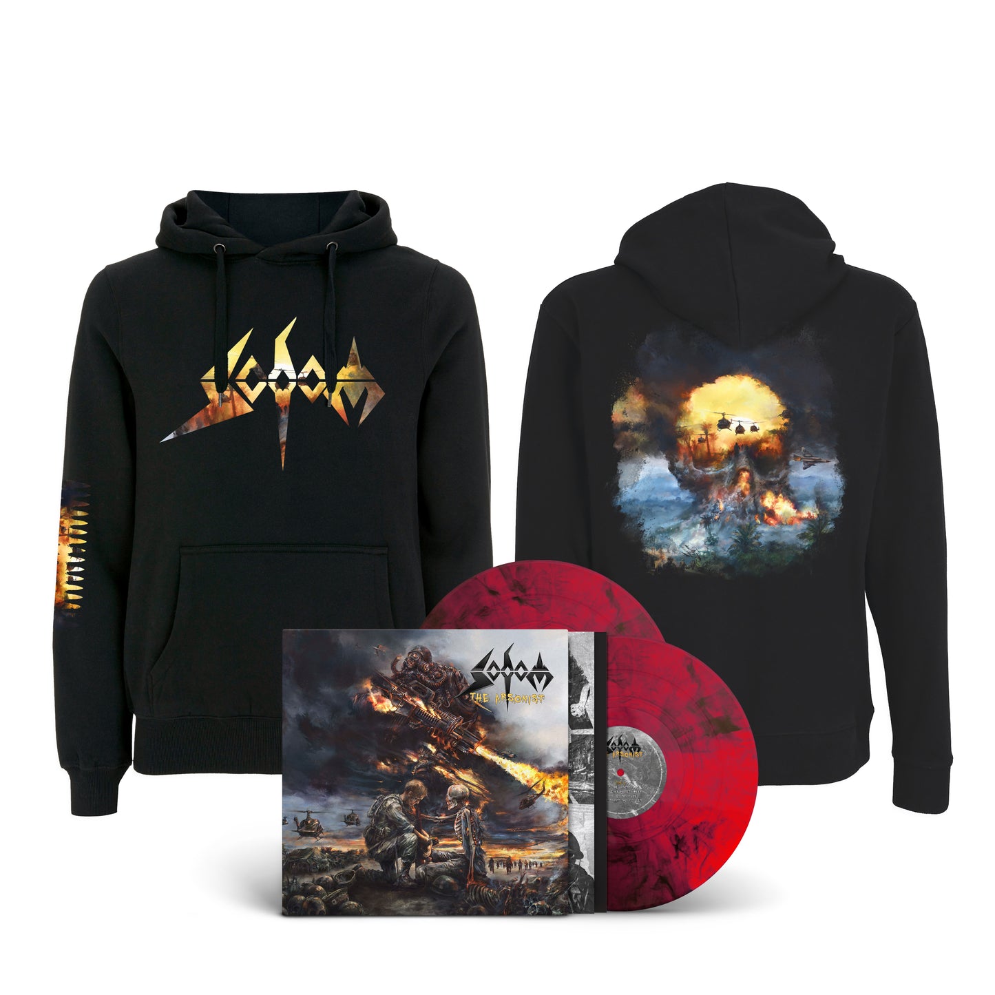 Sodom "The Arsonist" (red transparent with black streaks) LP-Hoodie-Bundle "The Arsonist"