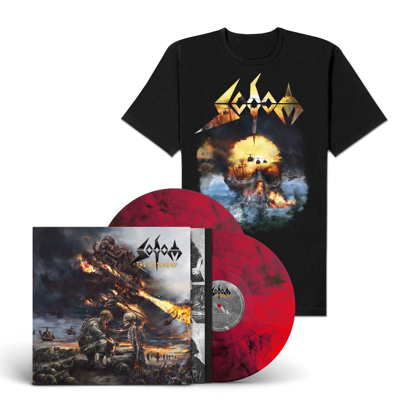 Sodom "The Arsonist" (red transparent with black streaks) LP-Shirt-Bundle "The Arsonist"